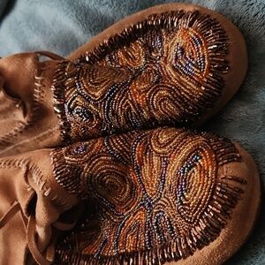 Beaded Tan Moccasin Boots